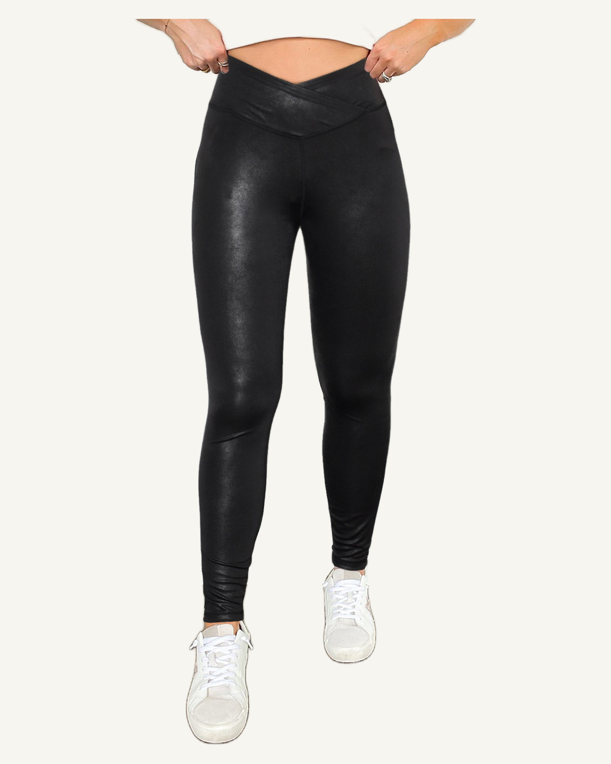 Dearlovers Black Crossed Dip Waist Sleek Leather Leggings — original photograph, ivory studio, 4:5