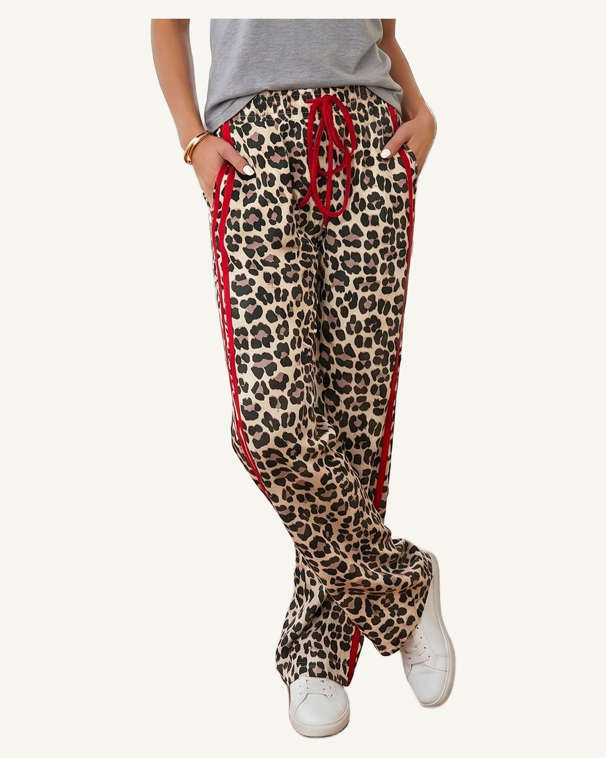 Red Contrast Detail Tie Waist Leopard Print Casual Pants — original photograph, ivory studio, 4:5