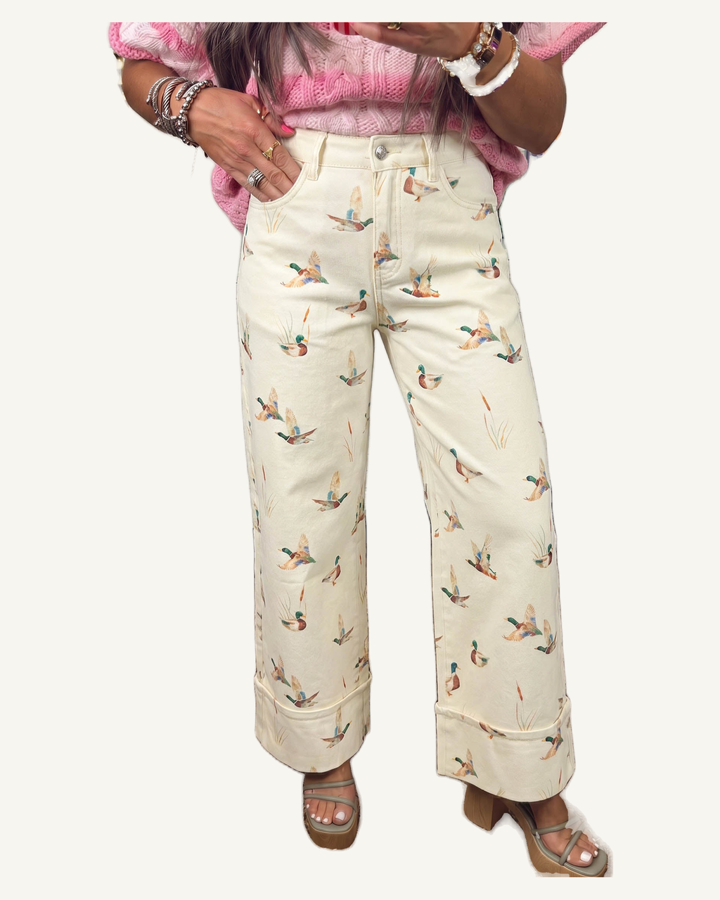 Beige Stylish Mallard Printed Cuffed Hem Shift Jeans — original photograph, ivory studio, 4:5
