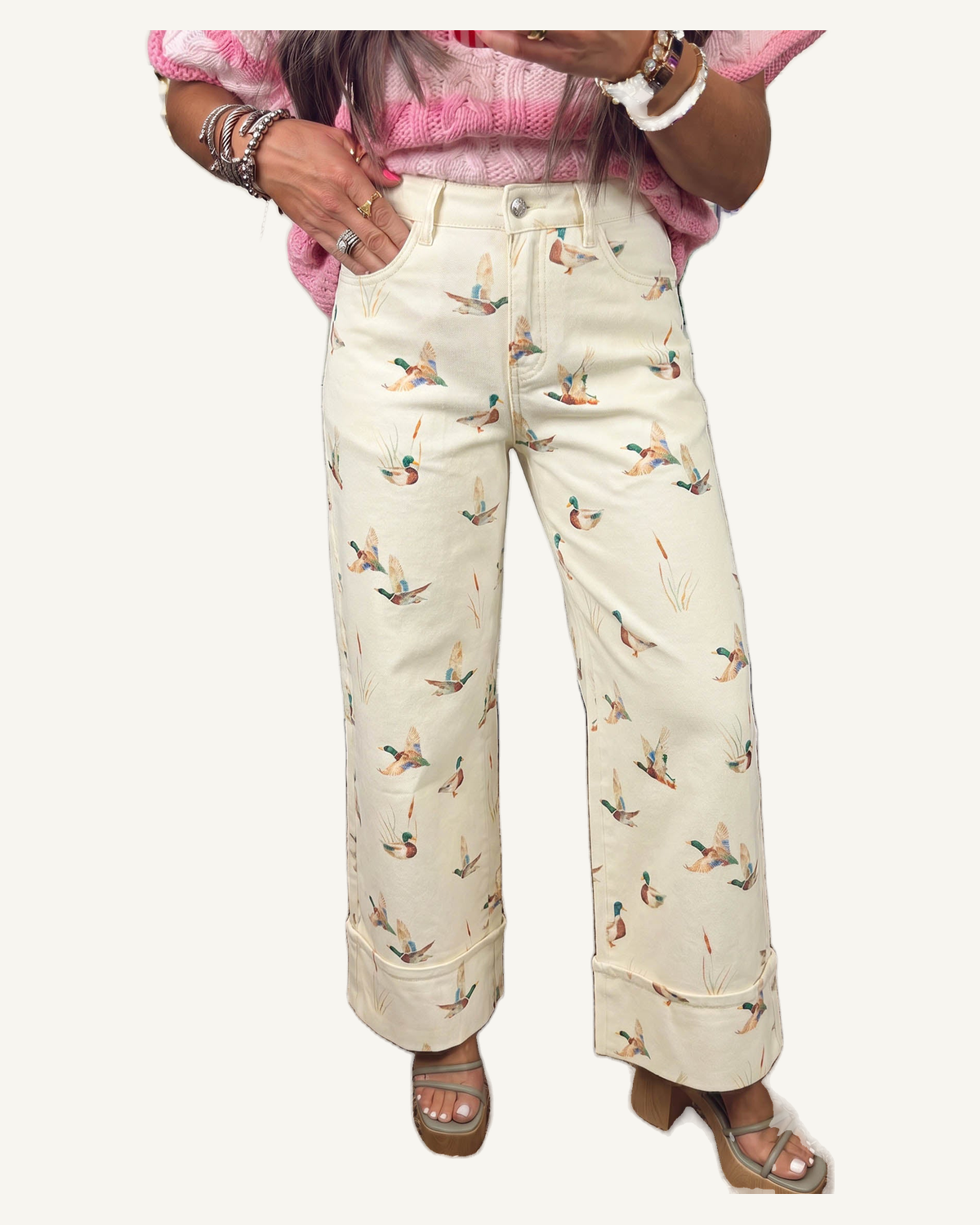 Beige Stylish Mallard Printed Cuffed Hem Shift Jeans — original photograph, ivory studio, 4:5