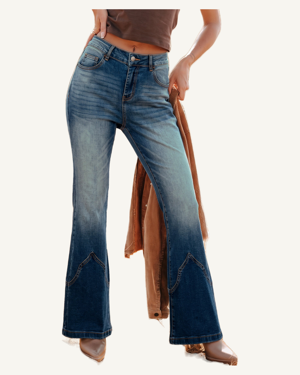 Sail Blue Pocket Detail Flare Leg Jeans — original photograph, ivory studio, 4:5