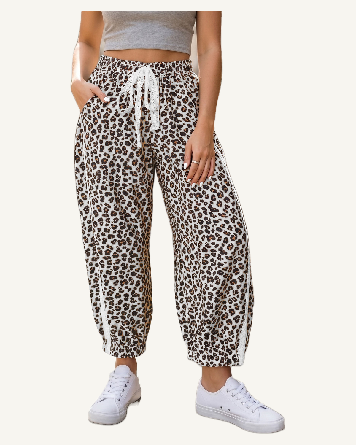 Black Leopard Print Ankle-Length Elastic Waist Pants — original photograph, ivory studio, 4:5