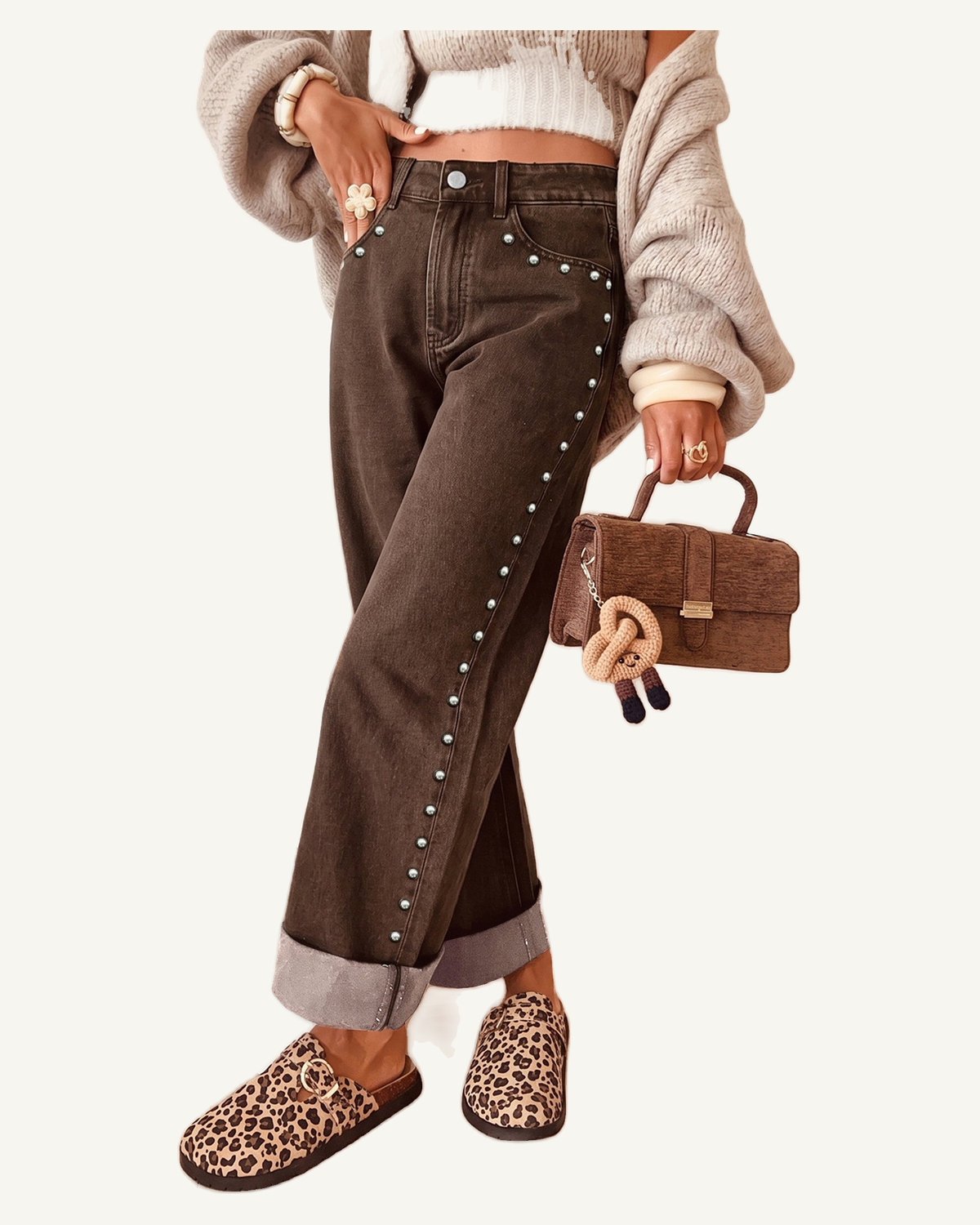 Coffee Studded Detail Straight Leg Casual Loose Jeans — original photograph, ivory studio, 4:5