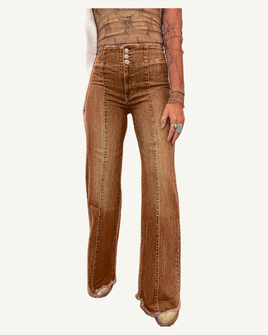 Coffee High Waist Button Fly Seamed Raw Hem Flare Jeans — original photograph, ivory studio, 4:5