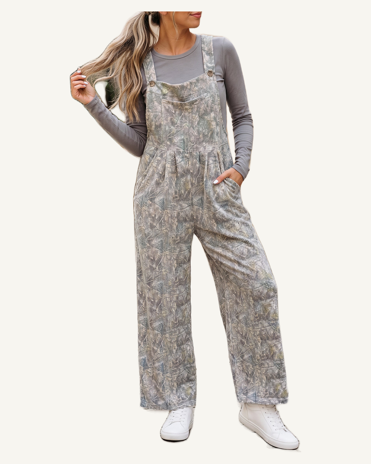 Brown Camouflage Twist Ribbed Sleeveless Full-Length Casual Jumpsuit — original photograph, ivory studio, 4:5