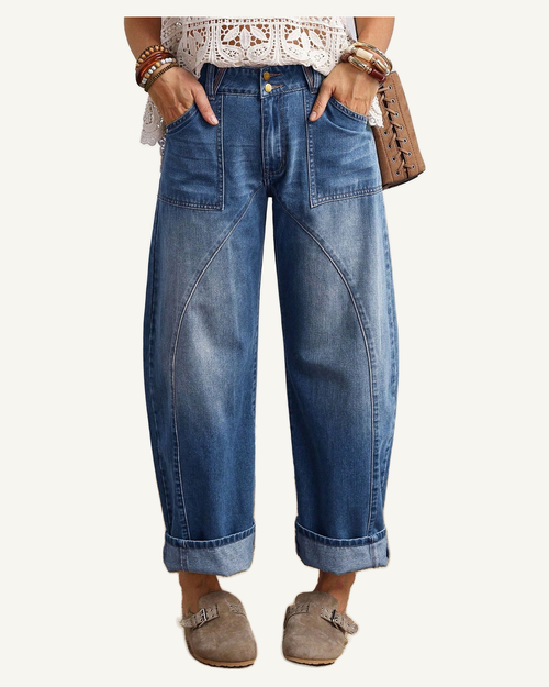 Ashleigh Blue Curved-Knife Ankle-Length Casual Jeans — original photograph, ivory studio, 4:5