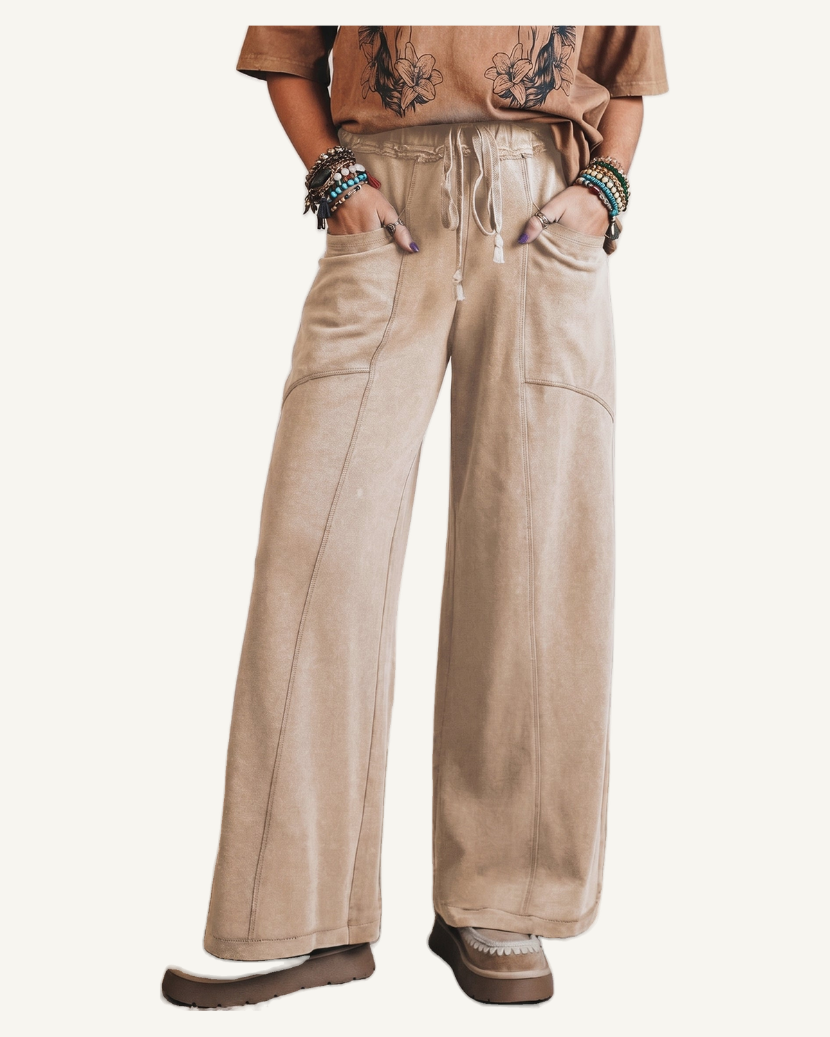 Smoke Gray Mineral Wash Drawstring Retro High Waist Wide Leg Western Pants — original photograph, ivory studio, 4:5