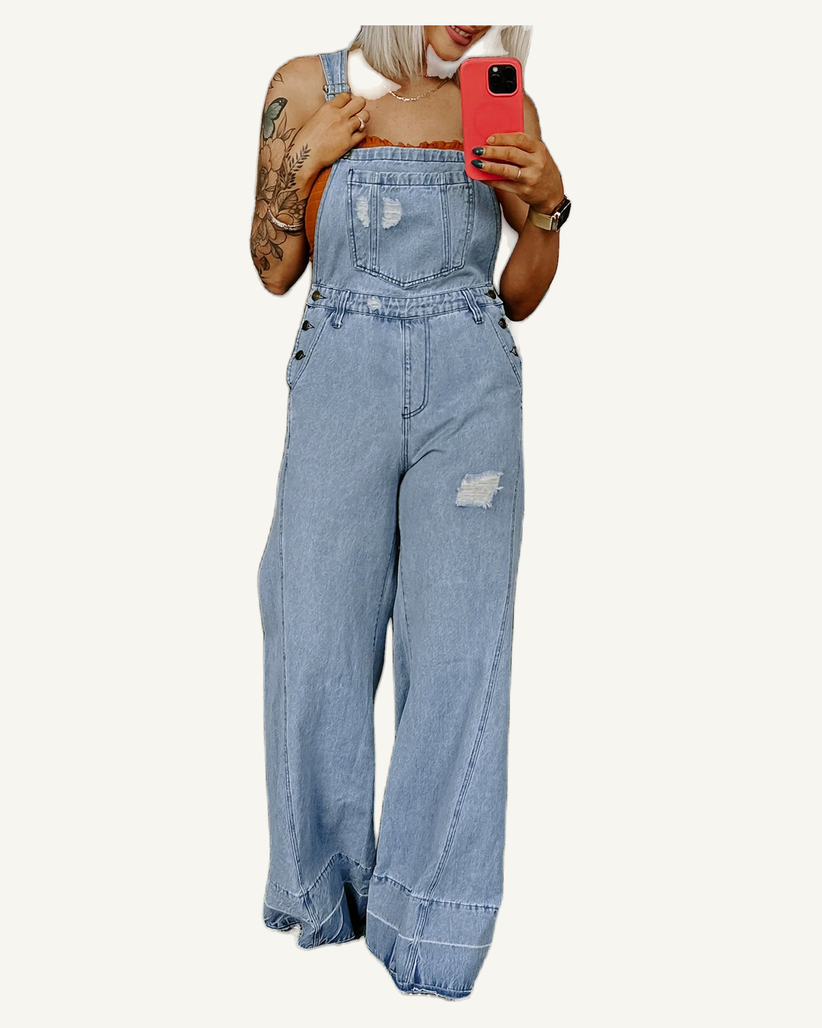 Mist Blue Retro Distressed Button Adjustable Straps Denim Overall Jumpsuit — original photograph, ivory studio, 4:5