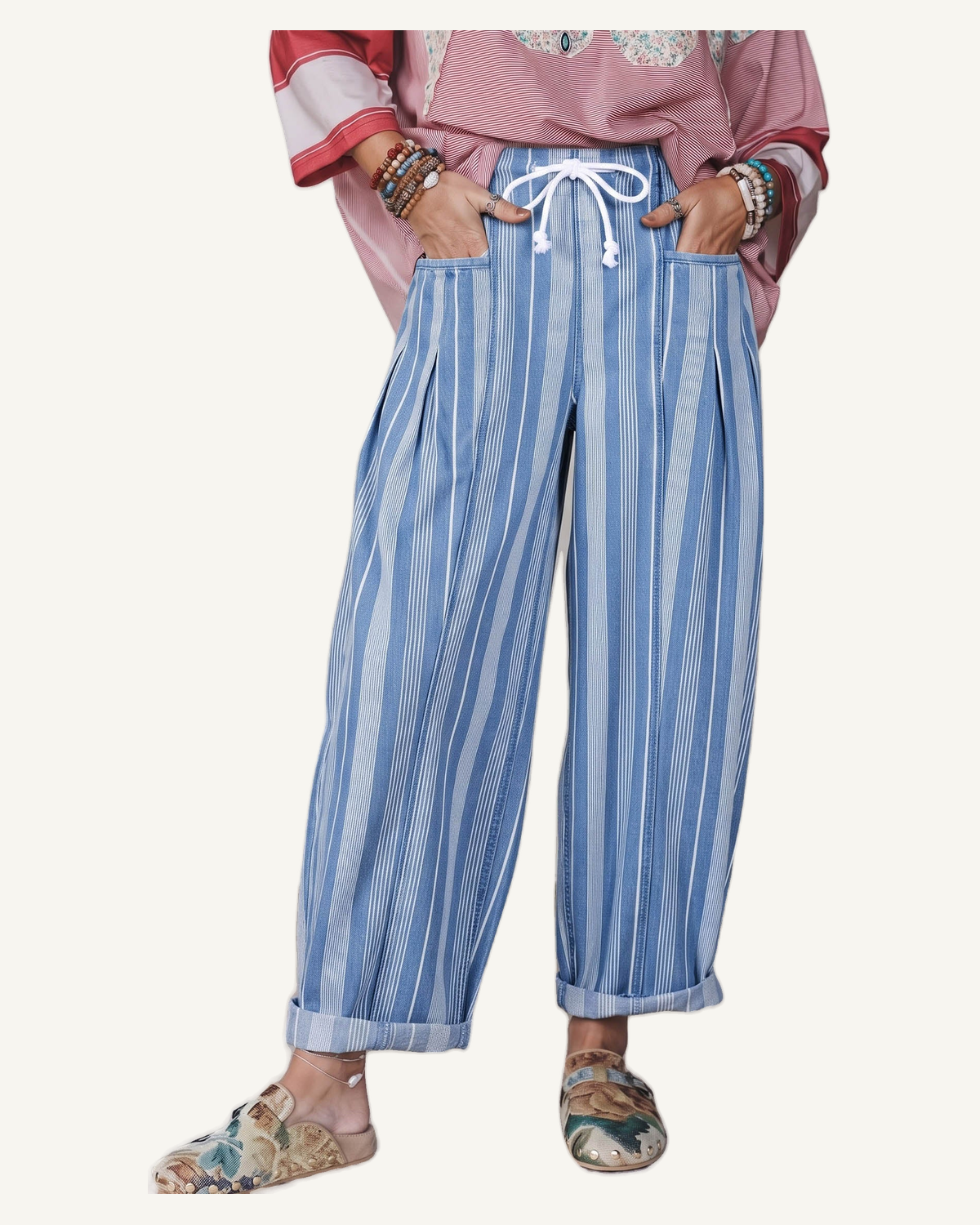 Sky Blue Stripe High Waist Wide Leg Lace Up Barrel Jeans — original photograph, ivory studio, 4:5
