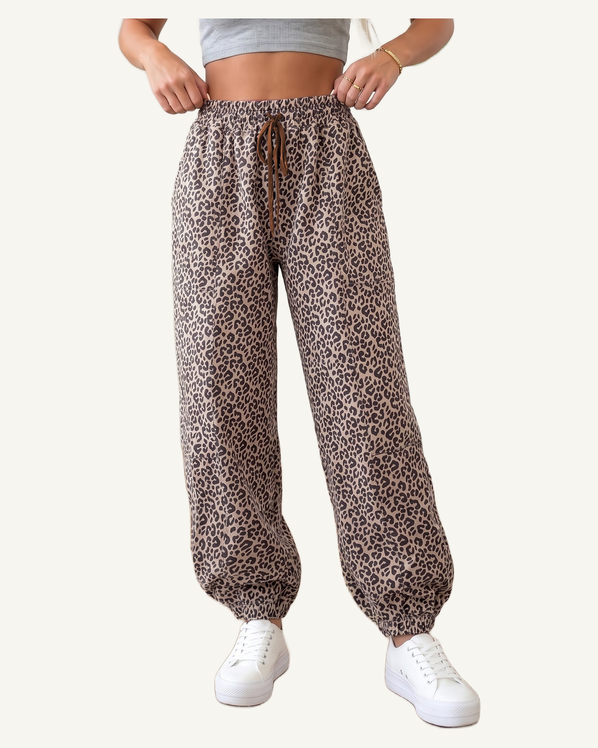 Khaki Leopard Print Elastic Waist Ankle Length Pants PREORDER ETA 3 WEEKS — original photograph, ivory studio, 4:5