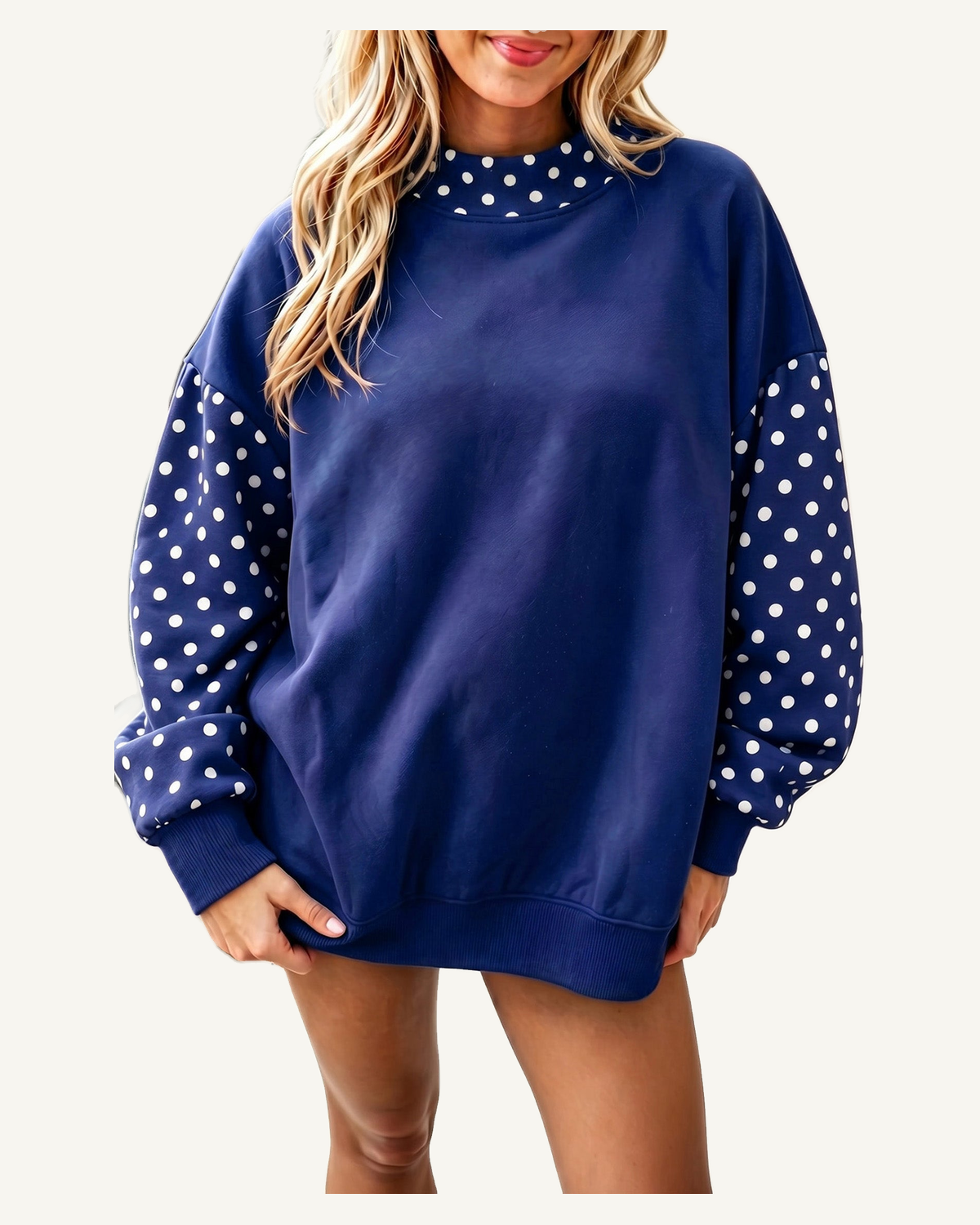 Navy Blue Polka Dot Contrast Round Neck Long Sleeve Baggy Sweatshirt PREORDER ETA 3 WEEKS — original photograph, ivory studio, 4:5