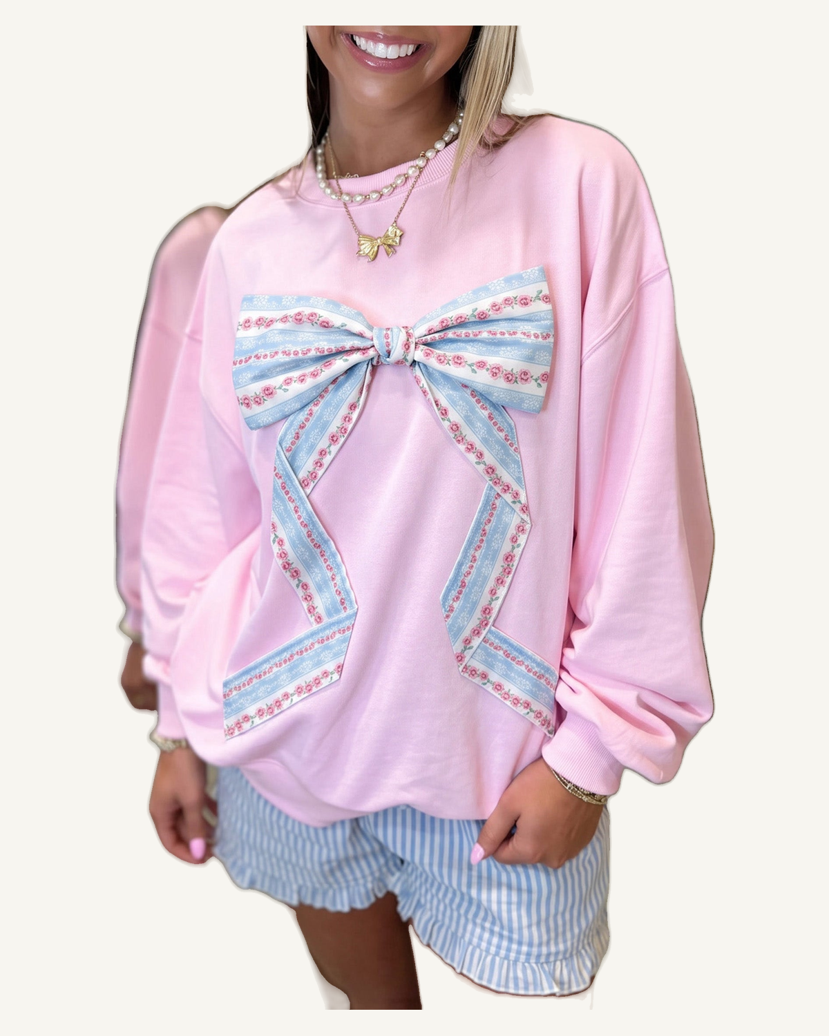 Pink Floral Bow Decoration Drop Shoulder Long Sleeve Top PREORDER ETA 3 WEEKS — original photograph, ivory studio, 4:5