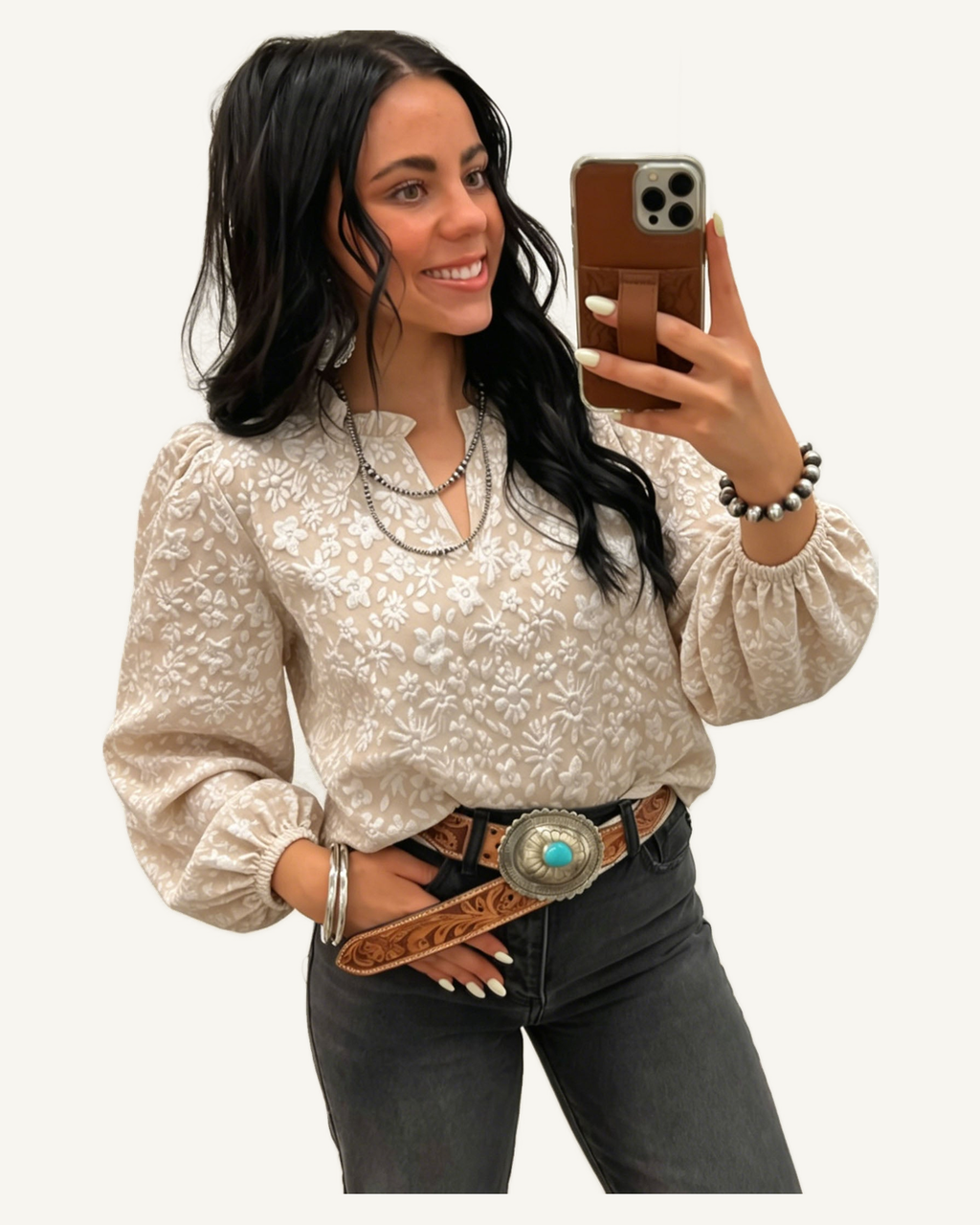 Apricot V Neck Floral Textured Long Sleeve Casual Blouse PREORDER ETA 3 WEEKS — original model, ivory studio, 4:5