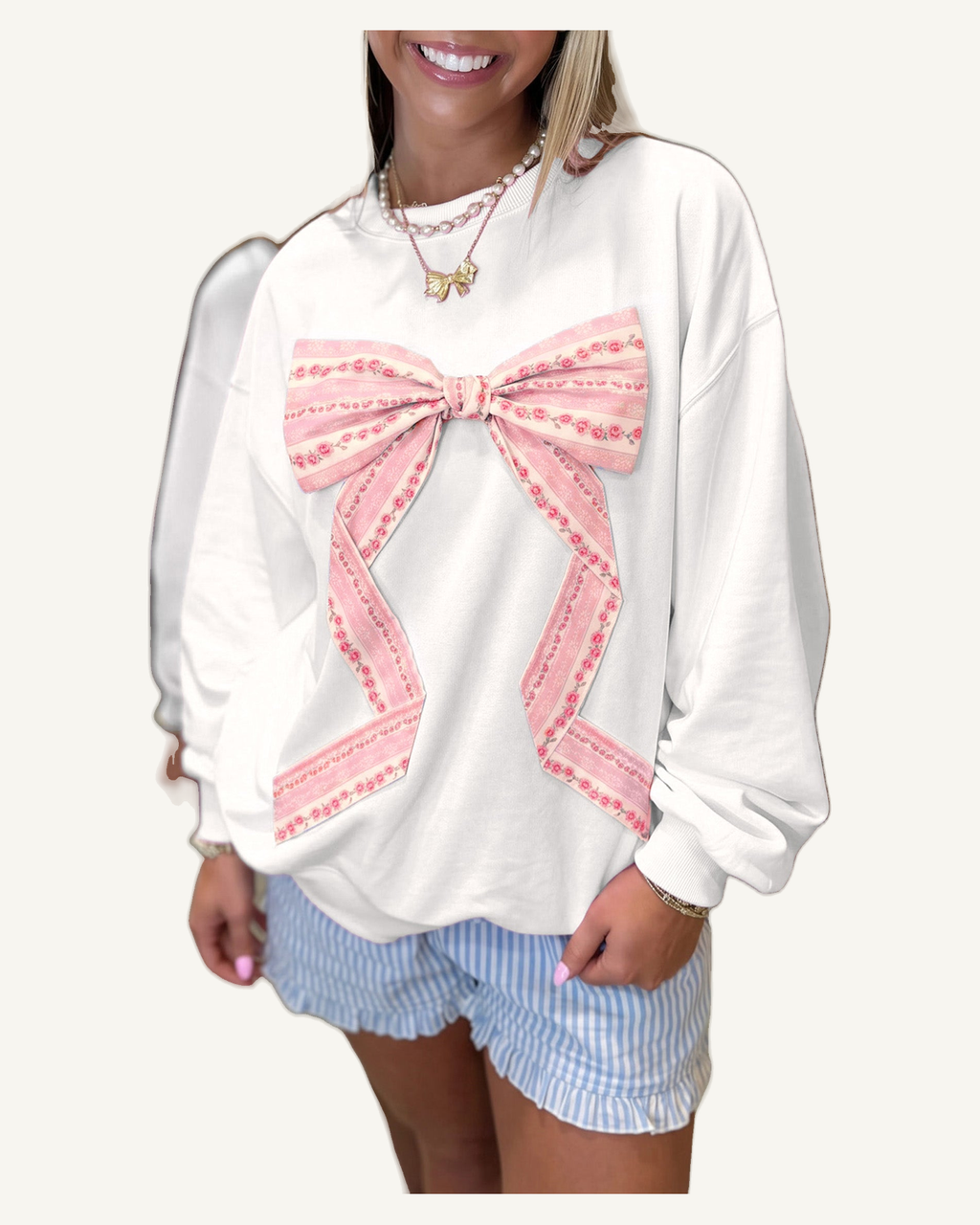 White Floral Bow Decoration Drop Shoulder Long Sleeve Top PREORDER ETA 3 WEEKS — original photograph, ivory studio, 4:5