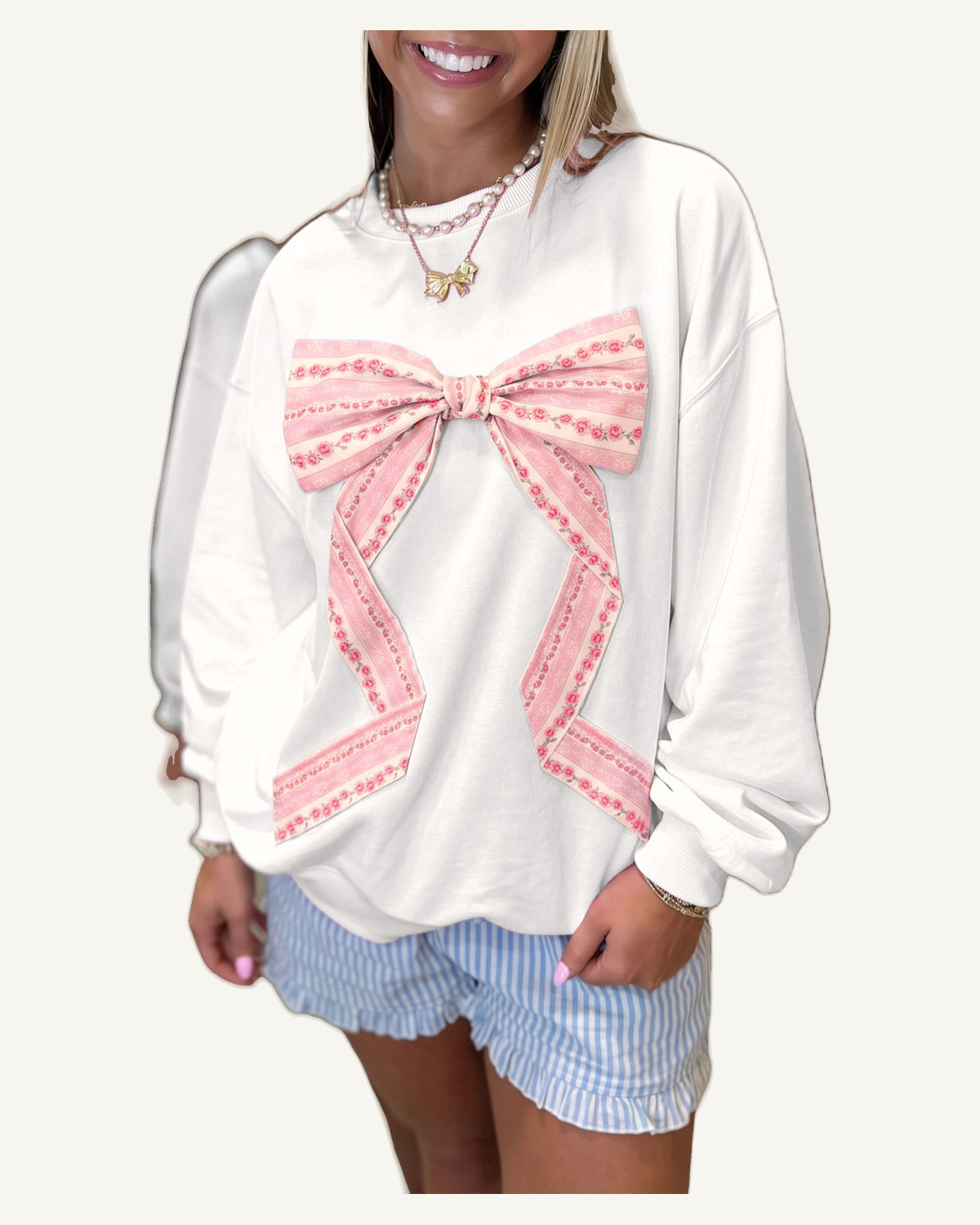 White Floral Bow Decoration Drop Shoulder Long Sleeve Top PREORDER ETA 3 WEEKS — original photograph, ivory studio, 4:5