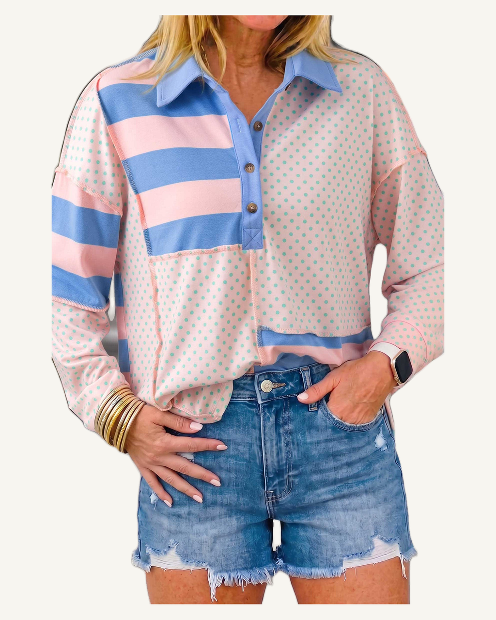 Pink Striped Polka Dot Patchwork Polo Collar Long Sleeve Top PREORDER ETA 3 WEEKS — original photograph, ivory studio, 4:5