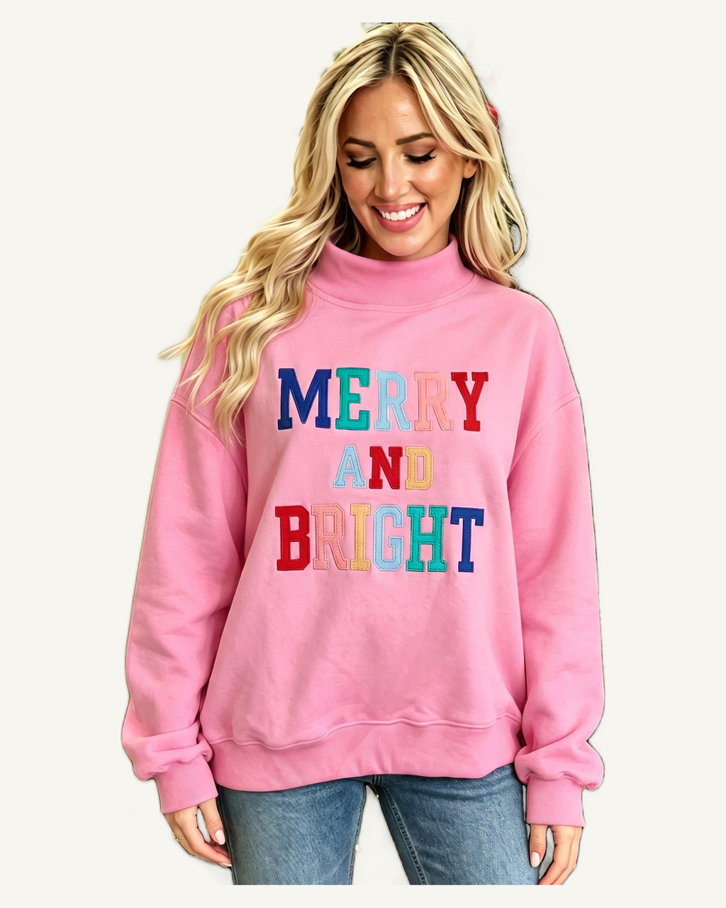 Peach Blossom MERRY AND BRIGHT Stitched Letter Pattern Mock Neck Sweatshirt PREORDER ETA 3 WEEKS — original model, ivory studio, 4:5