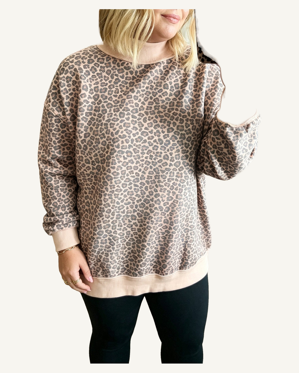 Multicolour Plus Size Leopard Print Ribbed Color Block Mock Neck Tunic Sweatshirt PREORDER ETA 3 WEEKS — original photograph, ivory studio, 4:5