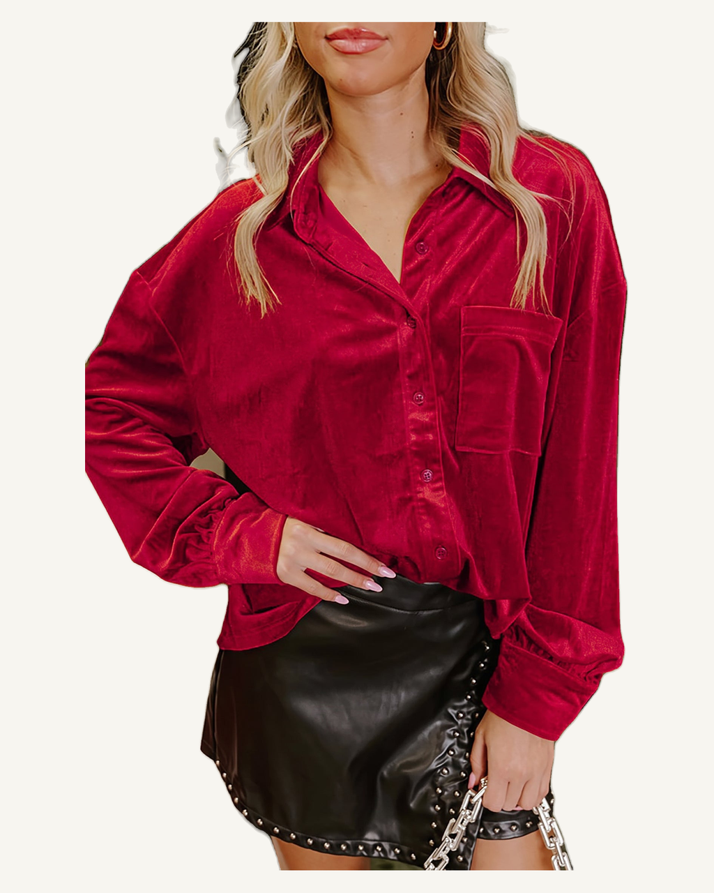 Fiery Red Soft Velvet Patch Pocket Button Down Loose Shirt PREORDER ETA 3 WEEKS — original photograph, ivory studio, 4:5