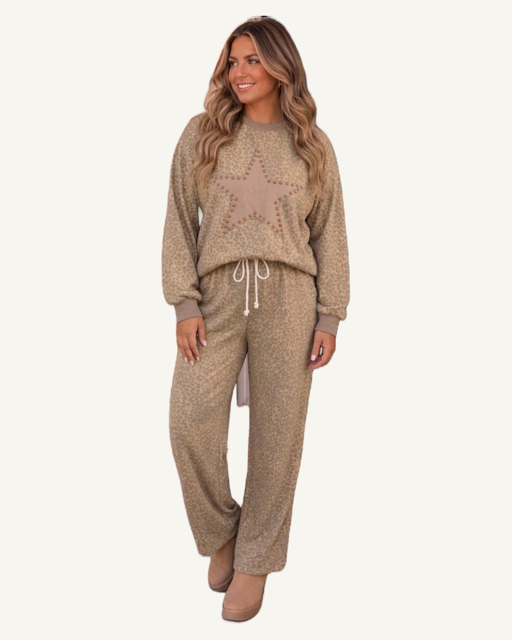 Khaki Leopard Star Print Long Sleeve Loose Casual Two Piece Pants Set PREORDER ETA 3 WEEKS — original photograph, ivory studio, 4:5