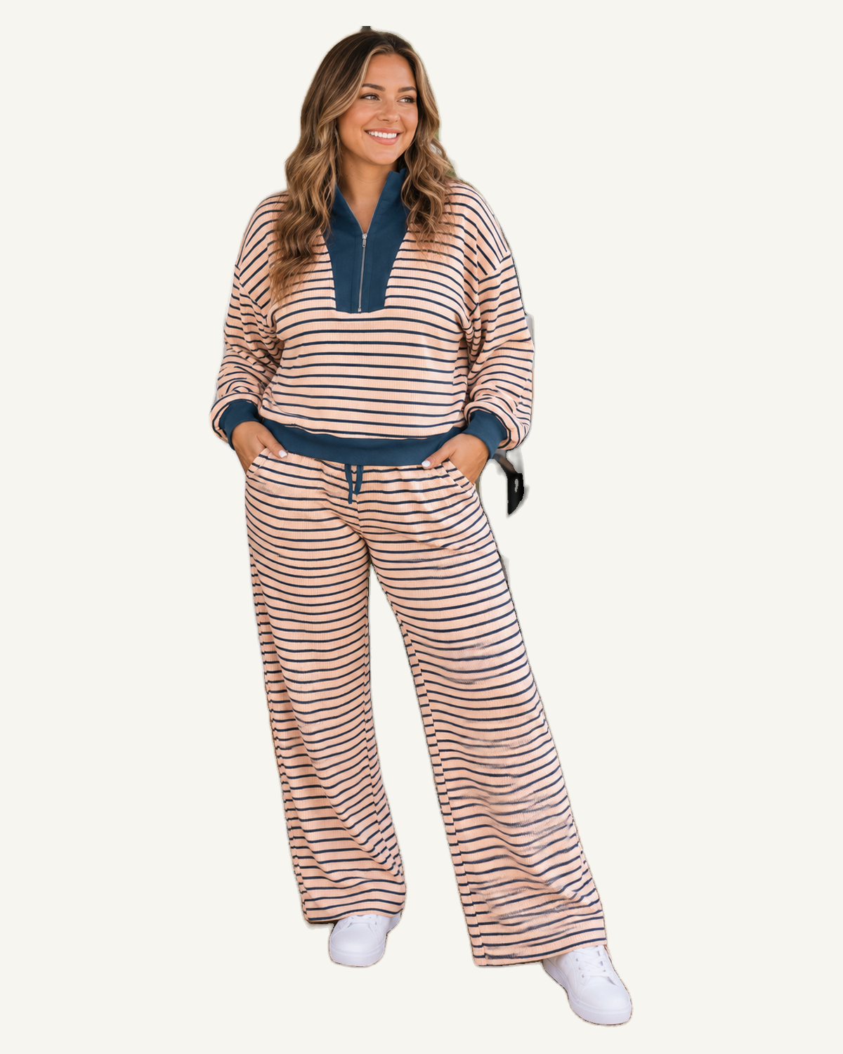 Pink Stripe Striped Colorblock V Neck Long Sleeve Plus Size Set PREORDER ETA 3 WEEKS — original model and garment, ivory studio, 4:5