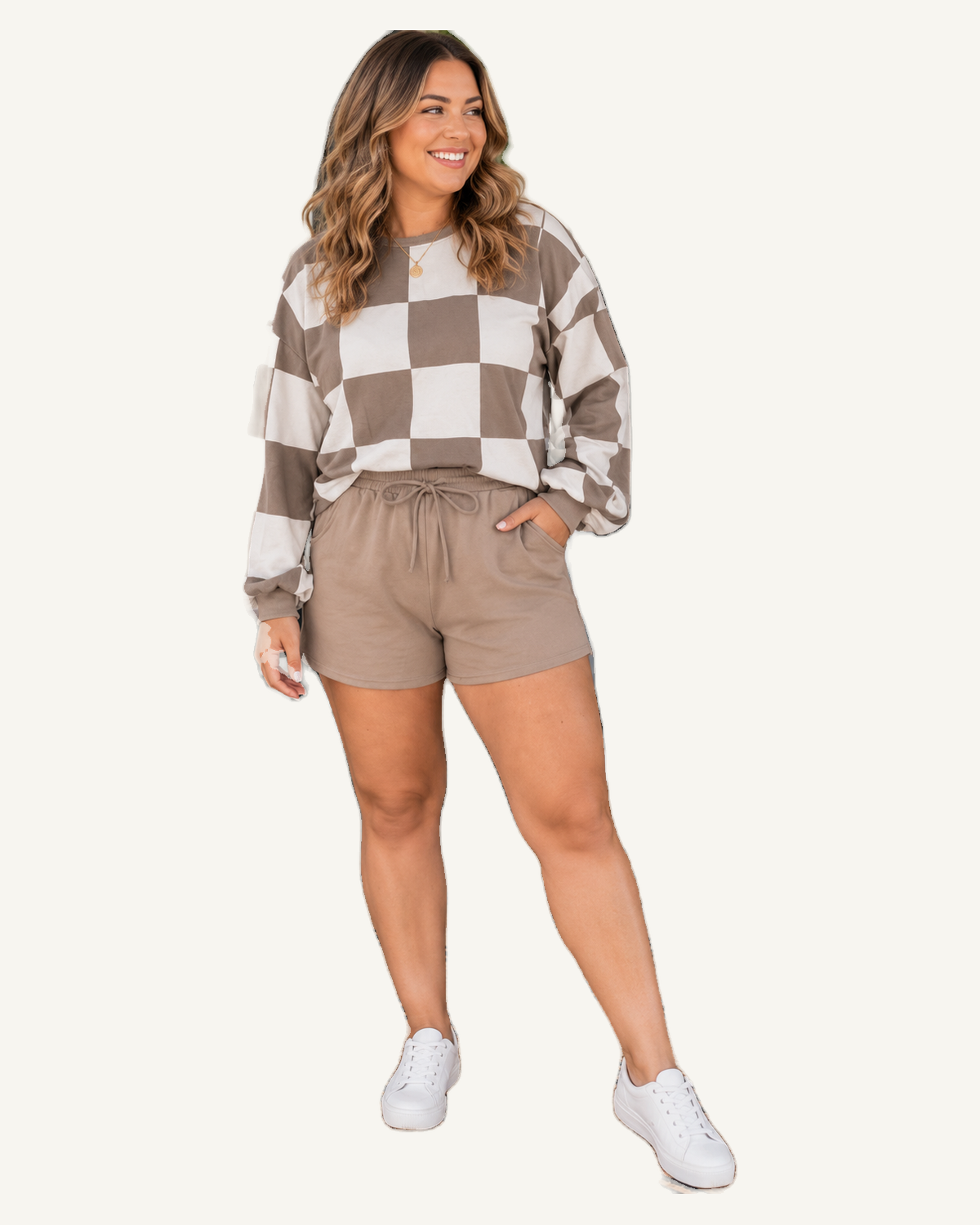 Khaki Checkered Contrast Long Sleeve Top Solid Shorts Plus Size 2pcs Set PREORDER ETA 3 WEEKS — original model and garment, ivory studio, 4:5