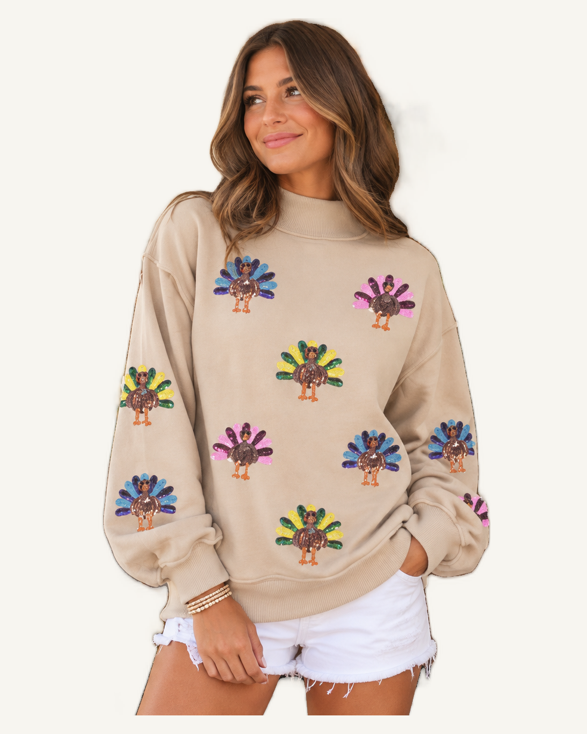 Apricot Sequined Turkey Exposed Seam Thanksgiving Graphic Sweatshirt READY TO SHIP — original model, ivory studio, 4:5