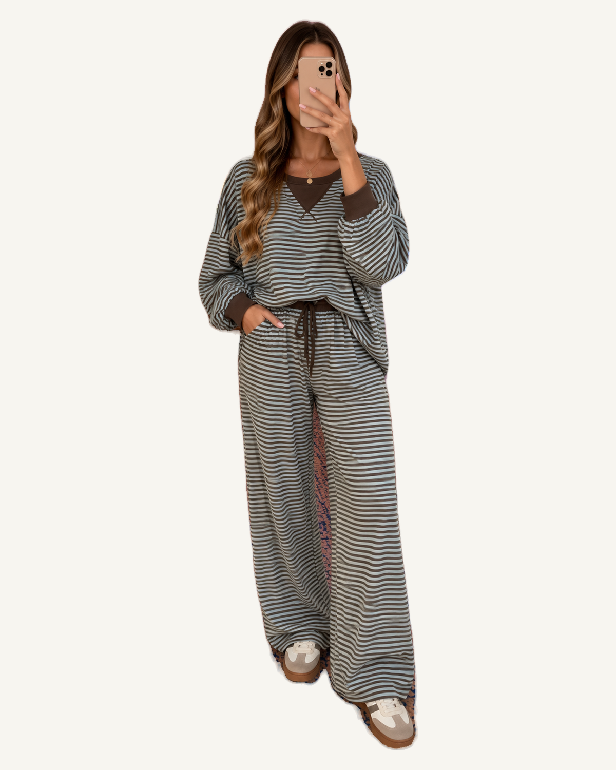 Brown Stripe Drop Shoulder Loose Top and Pants Two Piece Set PREORDER ETA 3 WEEKS — original model and garment, ivory studio, 4:5