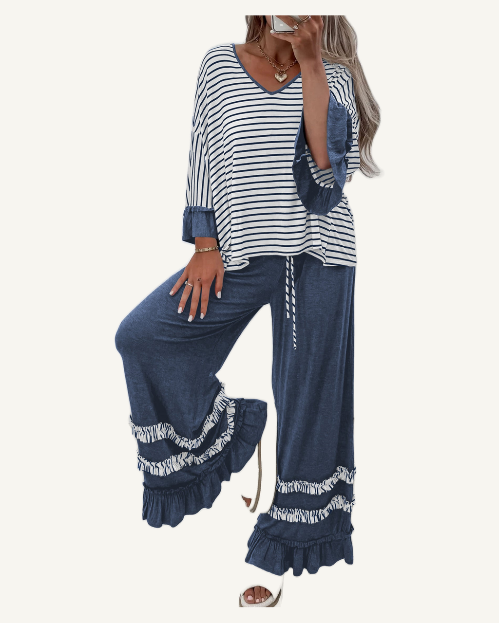 Blue Stripe V Neck Ruffle Contrast Sleeve Top Drawstring Pants 2pcs Set PREODER — original photograph, ivory studio, 4:5