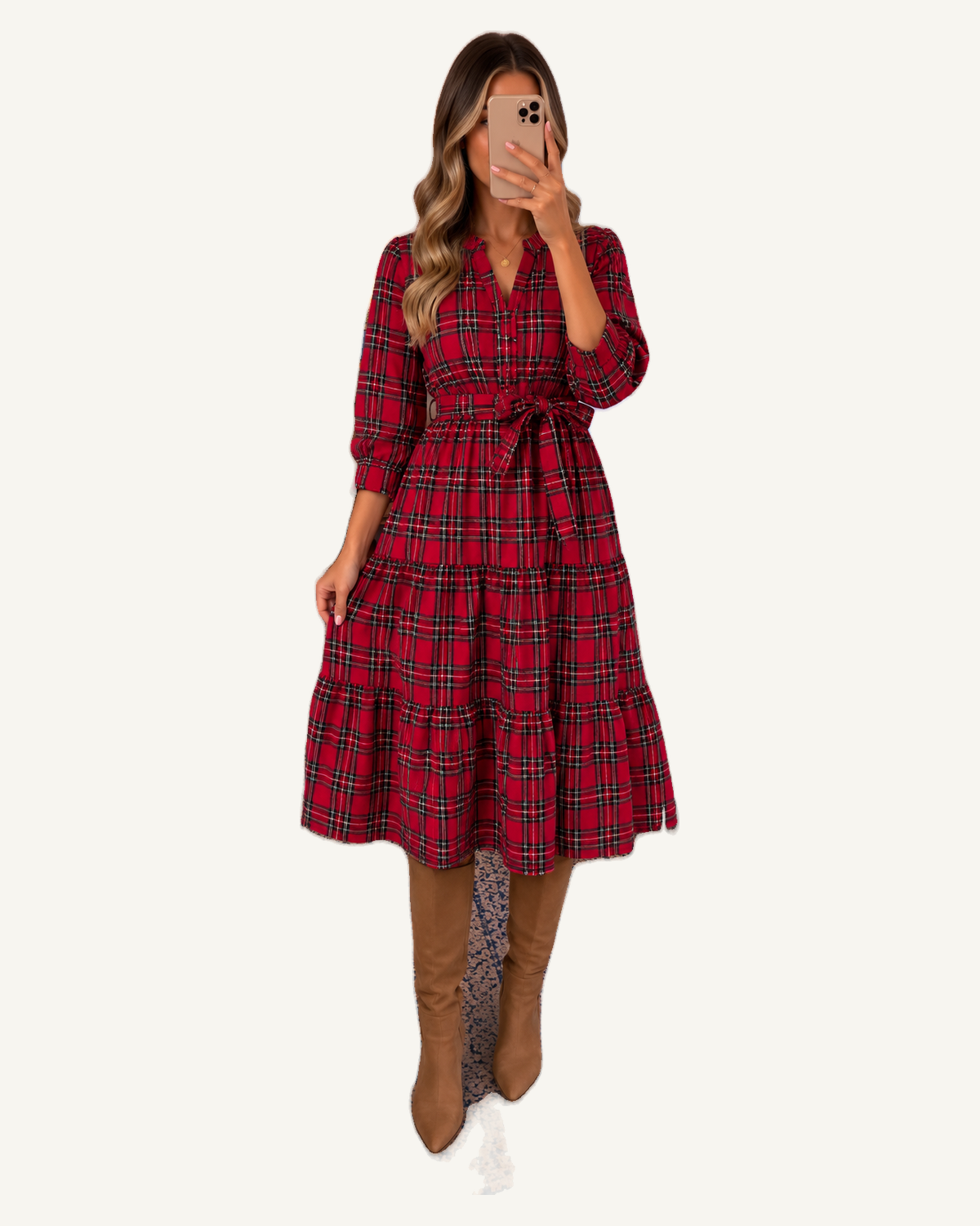 Red Tartan Plaid Square Neck Puff Sleeve Knot Waist Flared Midi Dress PREORDER ETA 3 WEEKS — original model and garment, ivory studio, 4:5