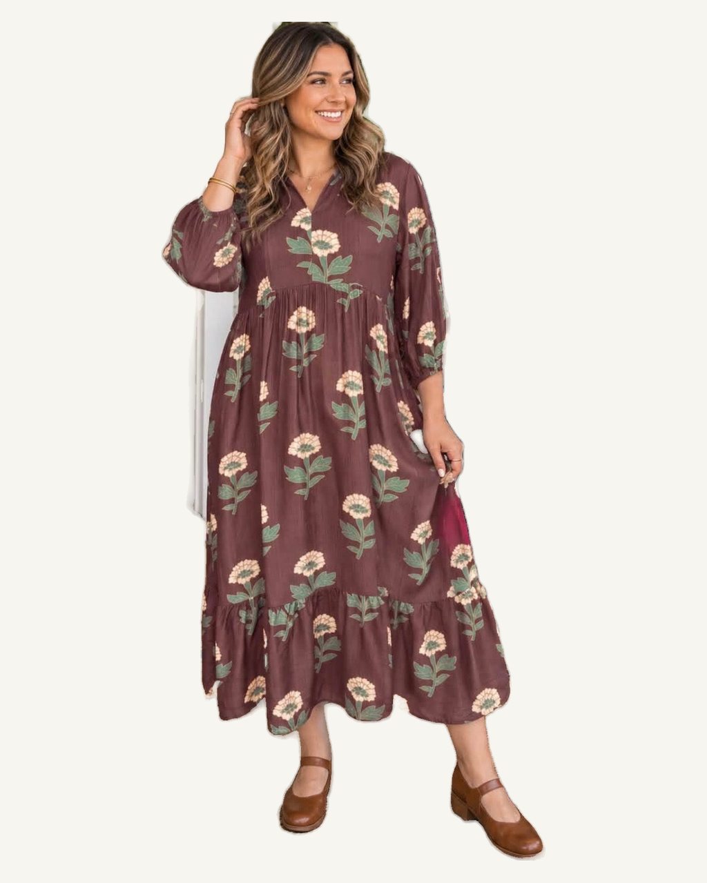 Brown Floral Print V-Neck Long Sleeve Loose Shift Plus Size Dress PREORDER ETA 3 WEEKS — original model and garment, ivory studio, 4:5