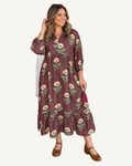 Brown Floral Print V-Neck Long Sleeve Loose Shift Plus Size Dress PREORDER ETA 3 WEEKS — original model and garment, ivory studio, 4:5