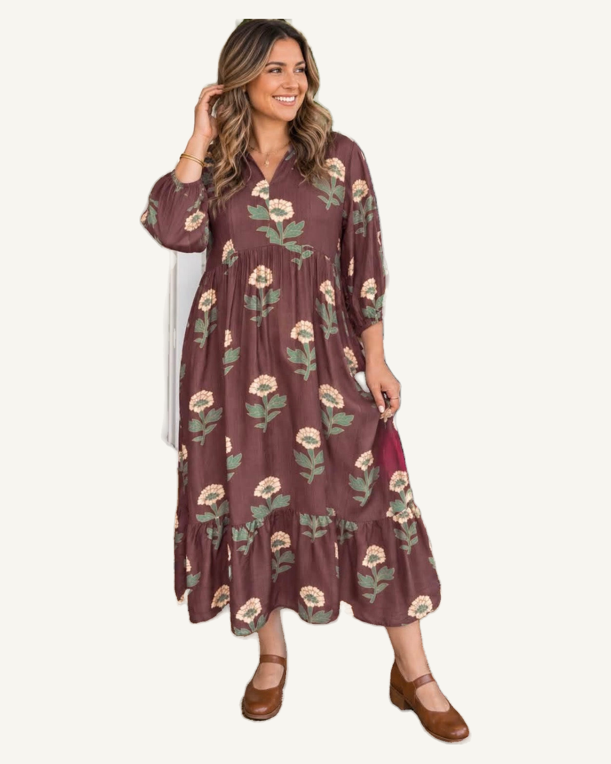 Brown Floral Print V-Neck Long Sleeve Loose Shift Plus Size Dress PREORDER ETA 3 WEEKS — original model and garment, ivory studio, 4:5