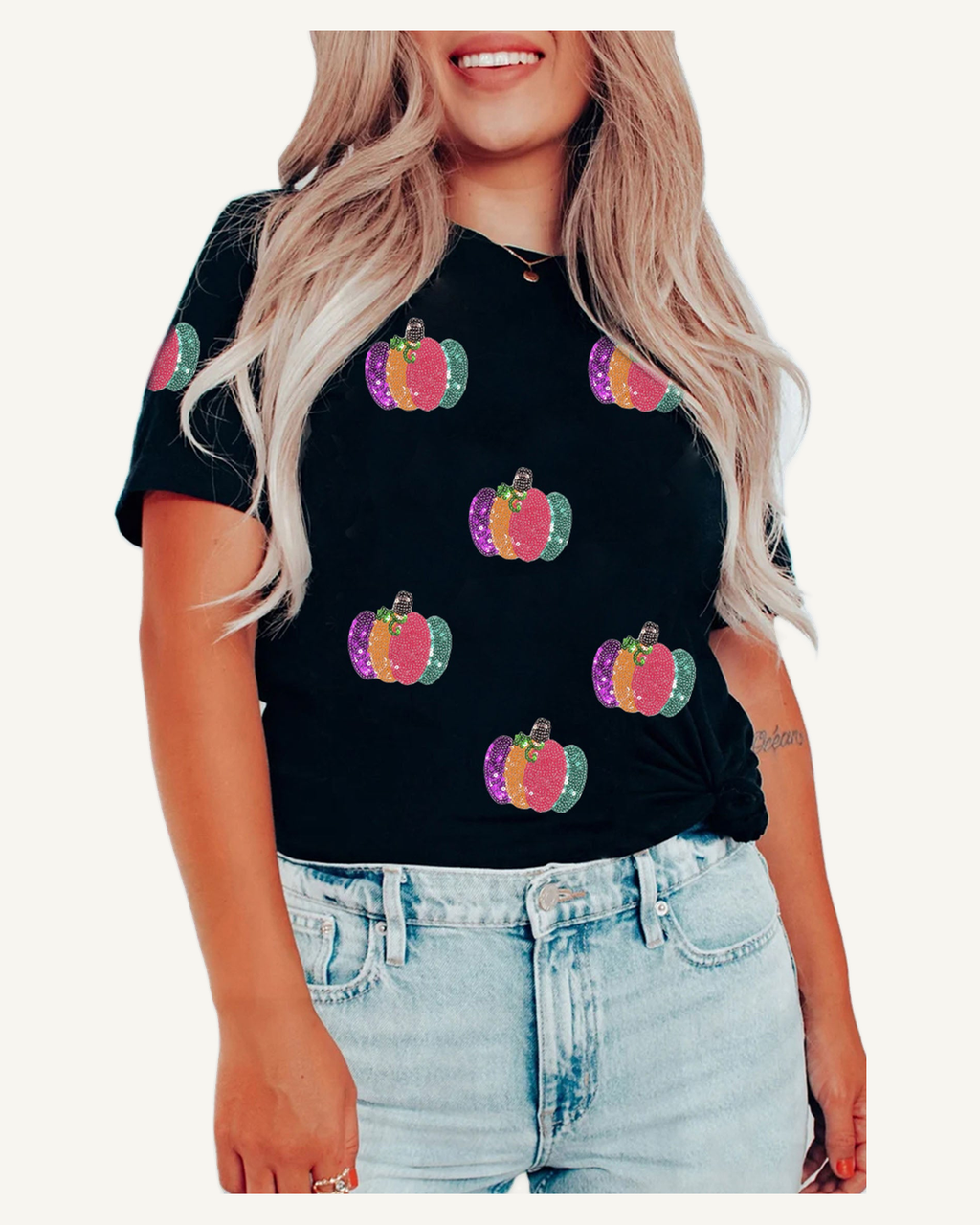 Black Sequined Pumpkin Graphic Round Neck Casual T Shirt — original photograph, ivory studio, 4:5